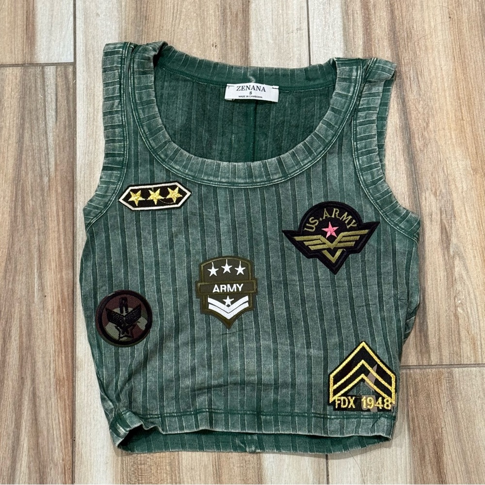 Zenana Outfitters Green Crop Top with Army Patches